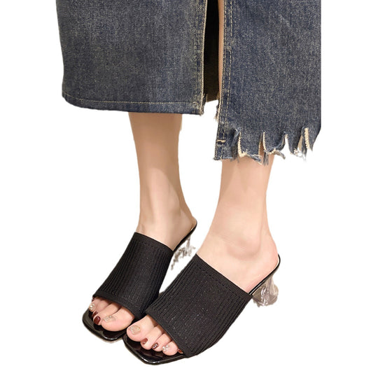 Damen Slide-Sandalen mit luftiger Rippstruktur und transparentem Blockabsatz R&B