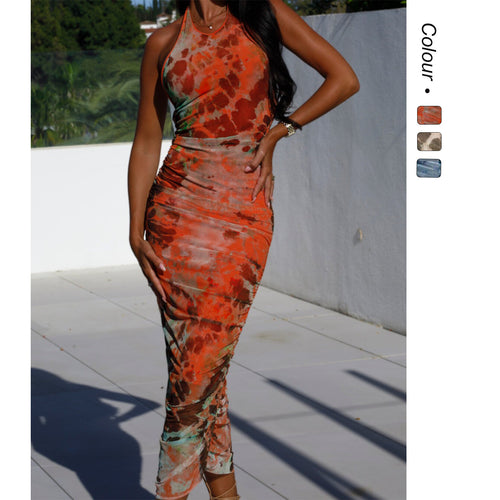 Damen figurbetontes Maxikleid mit elegantem Wickeldesign und modernem Tie-Dye-Muster R&B