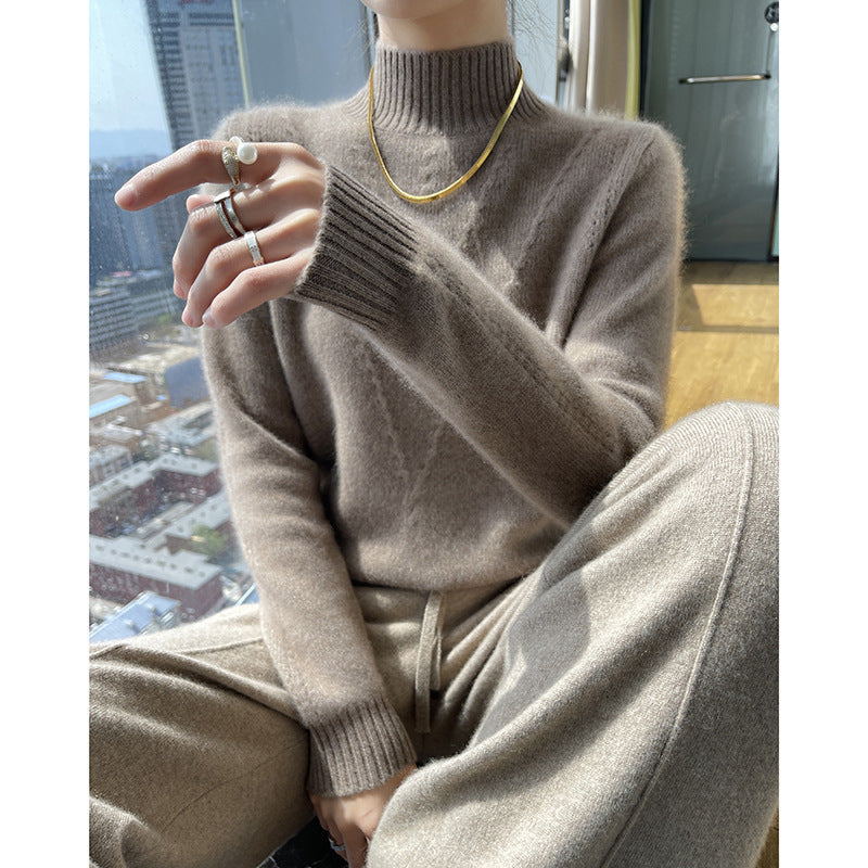 Damen weicher Strickpullover mit hohen Kragen und V-Design R&B