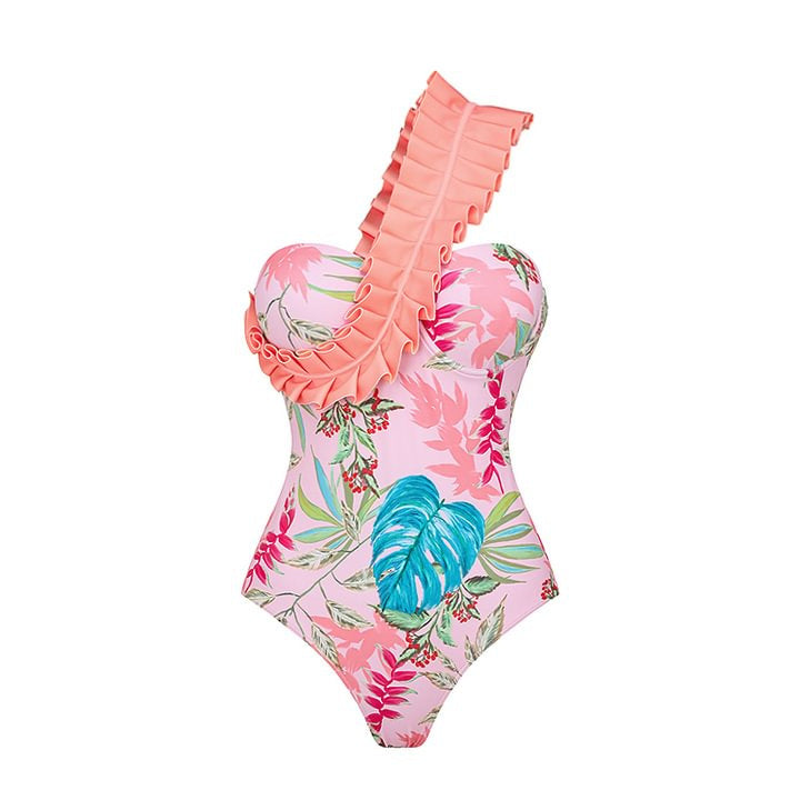 Damen Einteiler Badeanzug mit stilvollem Rüschendesign und floralem Muster R&B