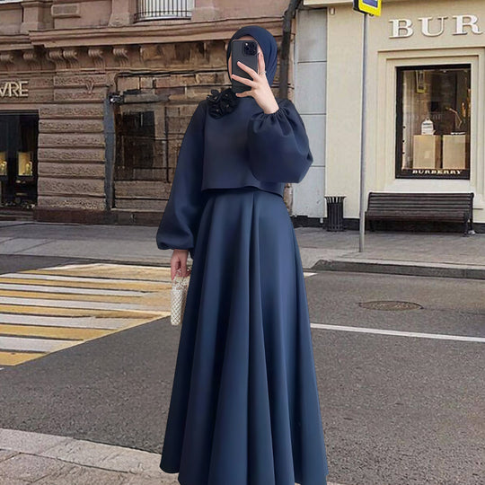 Damen Elegantes Maxi-Kleid mit Puffärmeln und dekorativem Blumen-Detail R&B