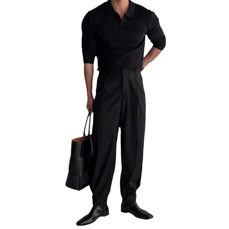 Herren nan figurbetontes Rippstrick-Polopullover mit offenem V-Ausschnitt und schmaler Passform R&B