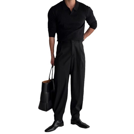 Herren nan figurbetontes Rippstrick-Polopullover mit offenem V-Ausschnitt und schmaler Passform R&B
