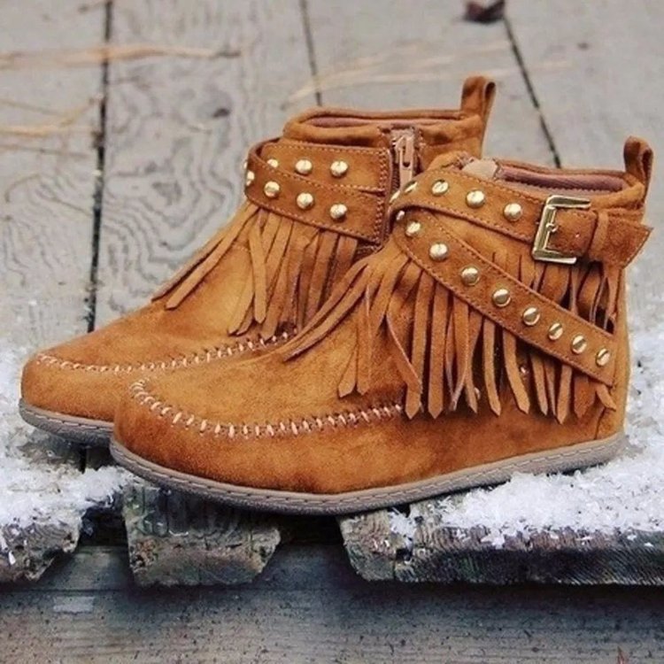Damen Mokassin Stiefeletten mit modischen Fransen und dekorativen Nieten R&B