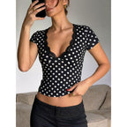 Damen Polka-Dot Top mit Spitzenakzenten und taillierter Passform R&B