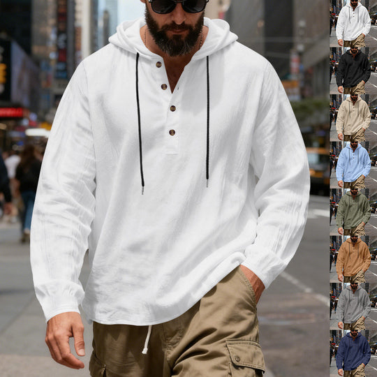 Herren nan leichter Kapuzenshirt mit Knopfleiste aus Leinenmischung und entspanntem Schnitt R&B