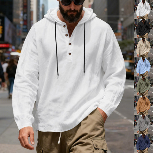 Herren nan leichter Kapuzenshirt mit Knopfleiste aus Leinenmischung und entspanntem Schnitt R&B