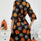 Damen-Halloween-Themen-Satin-Robe mit Gürtel R&B