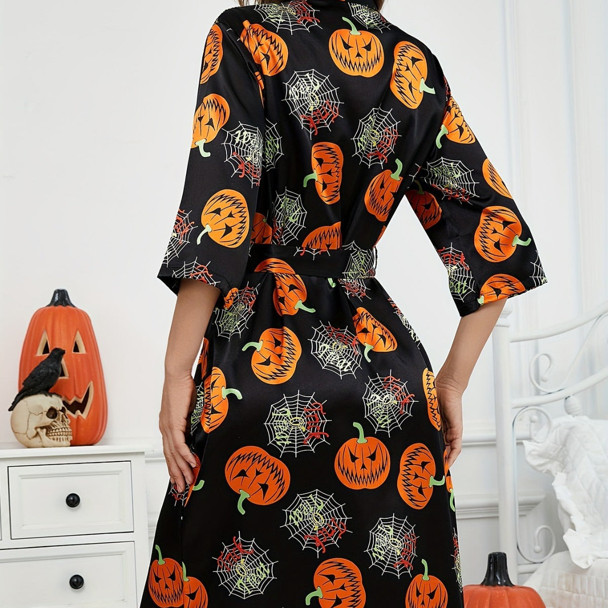 Damen-Halloween-Themen-Satin-Robe mit Gürtel R&B