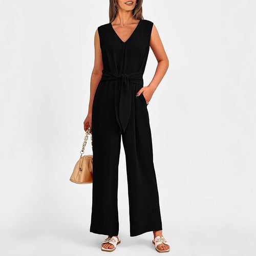 Damen Elegantes Jumpsuit mit V-Ausschnitt und tailliertem Bindegürtel R&B