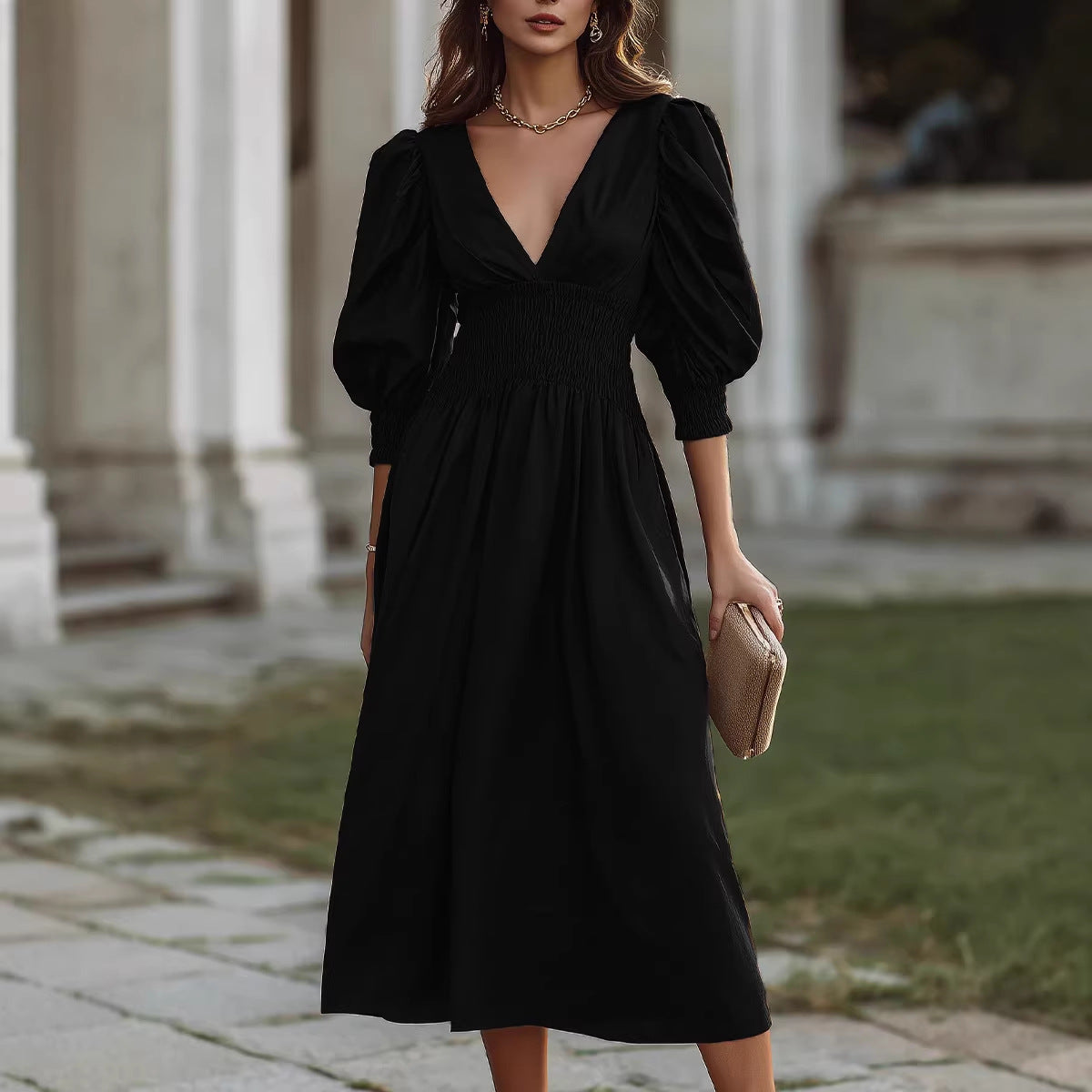 Damen Maxikleid mit schmaler Taille und Puffärmeln R&B