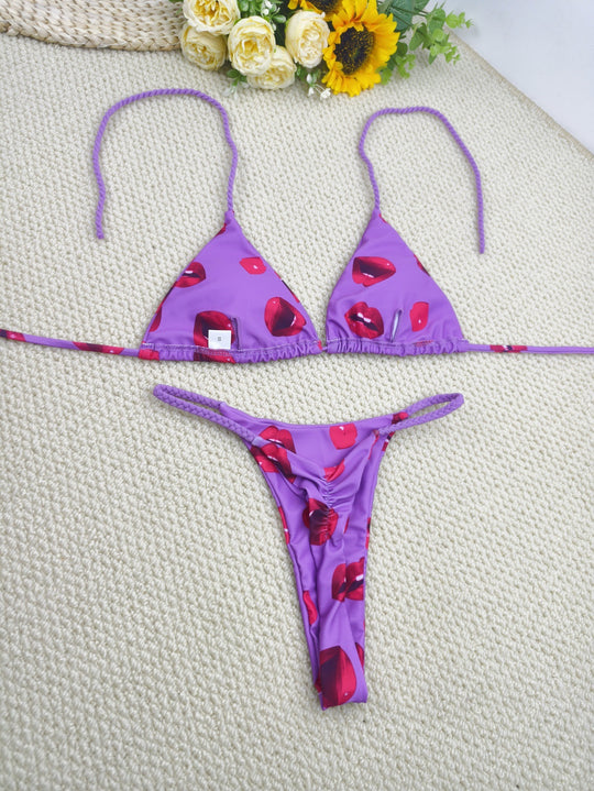 Damen Triangel-Bikini-Set mit fröhlichem Kirschmuster und verstellbaren Trägern R&B