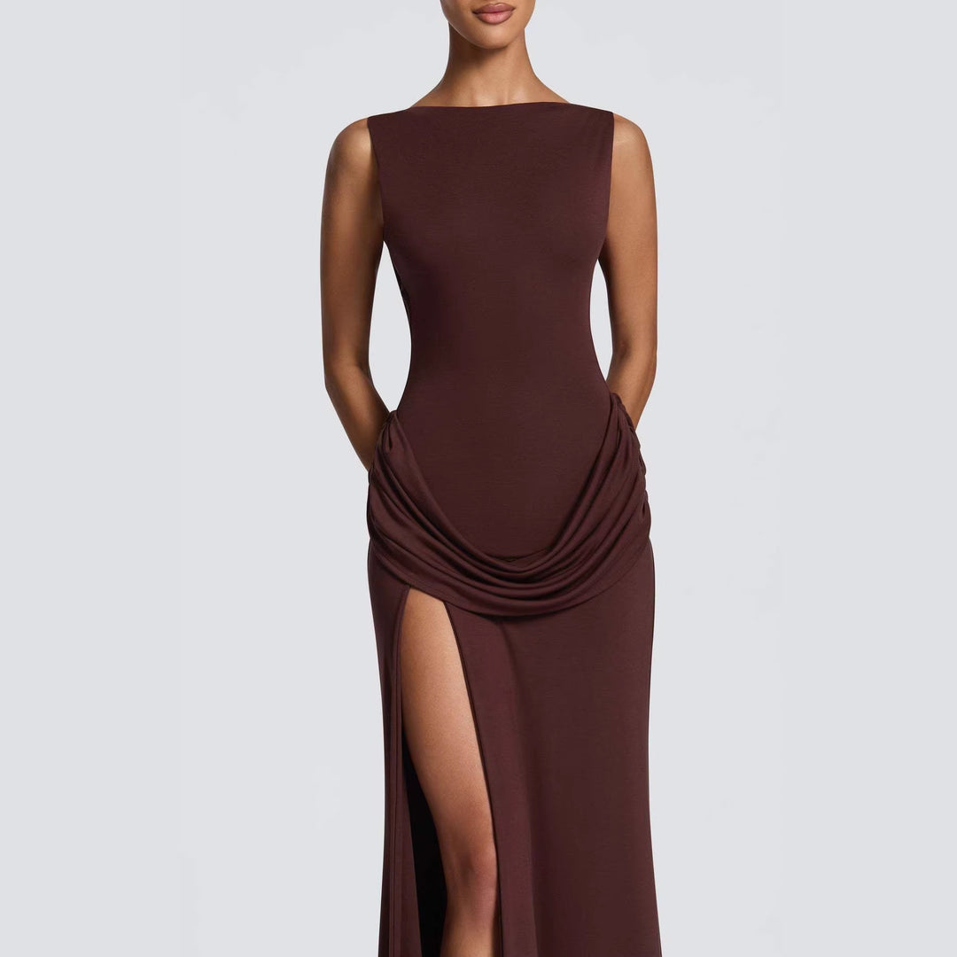 Damen Elegantes Maxikleid mit raffinierter Drapierung und hoch schlitzendem Design R&B
