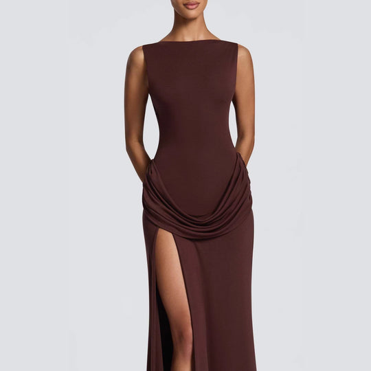 Damen Elegantes Maxikleid mit raffinierter Drapierung und hoch schlitzendem Design R&B