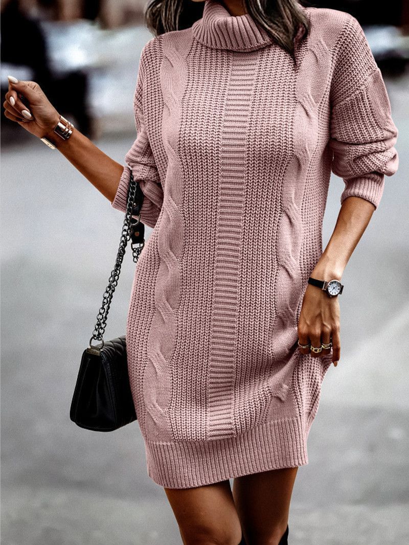 Damen Strickkleid mit modernem Zopfmuster und hochgeschlossenem Kragen R&B