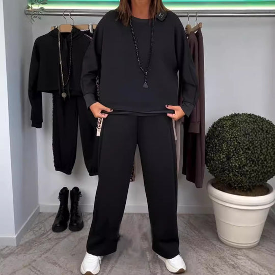 Damen nan Oversize-Jogging-Set mit kastigem Sweatshirt und weiter Palazzo-Hose mit dekorativem Seitenband R&B