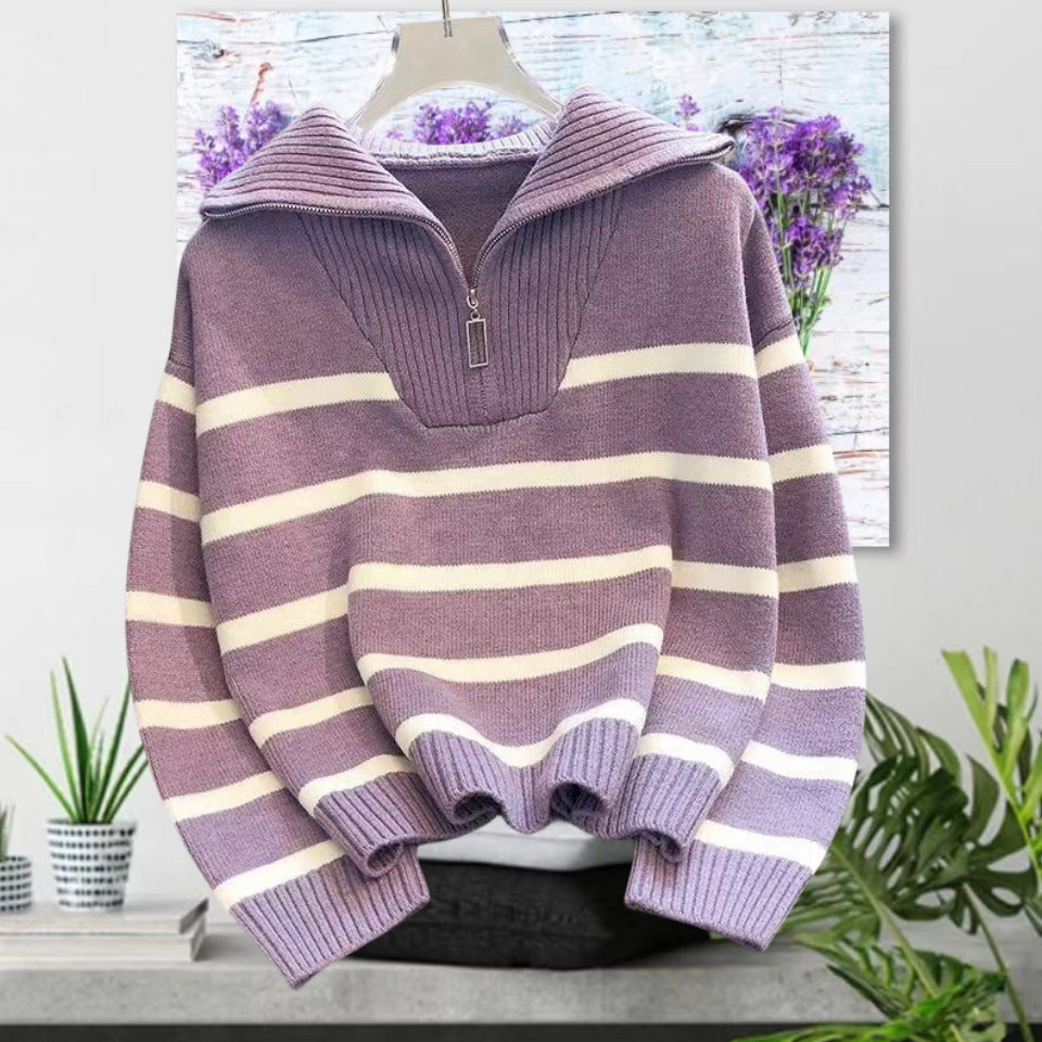 Damen gestreifter Pullover mit hohem Kragen und Reißverschluss R&B