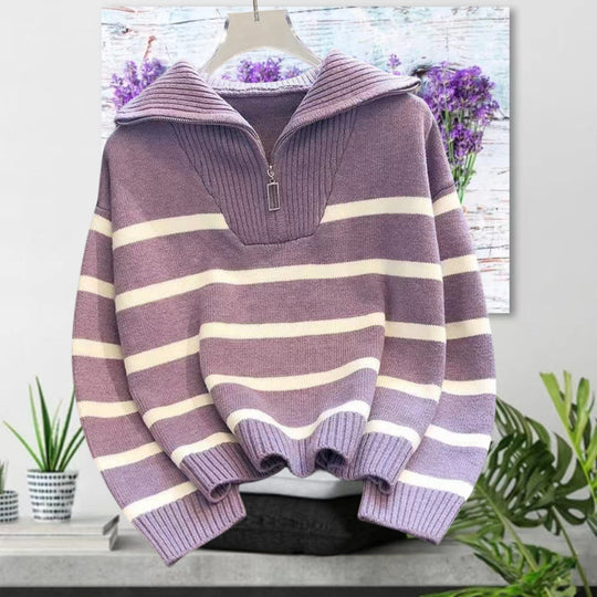 Damen gestreifter Pullover mit hohem Kragen und Reißverschluss R&B