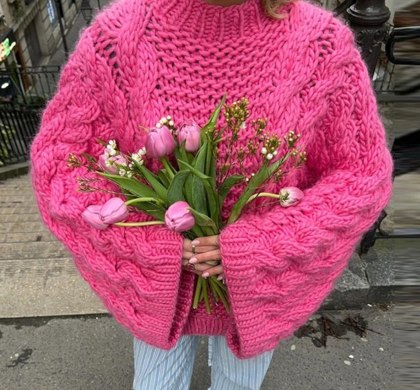 Damen oversize Strickpullover mit Zopfstrickmuster R&B