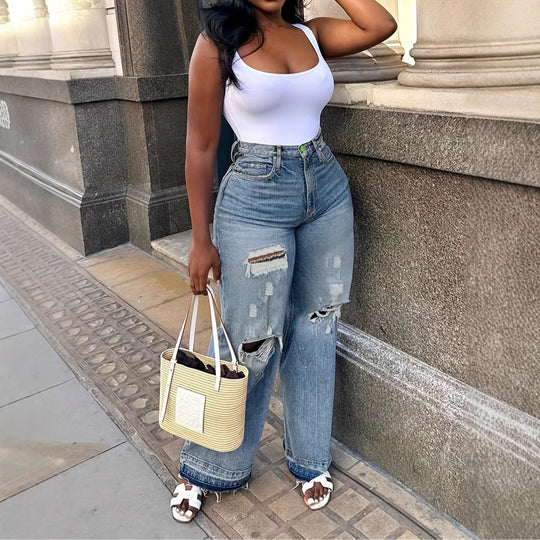Damen Hohe Taille Destroyed Jeans R&B