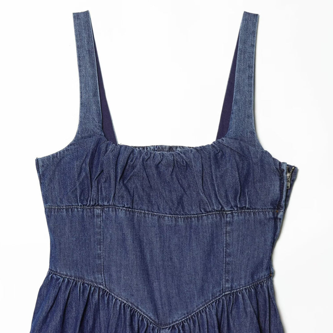 Damen Denim Maxikleid mit schwingendem Rock und verstellbaren Trägern R&B