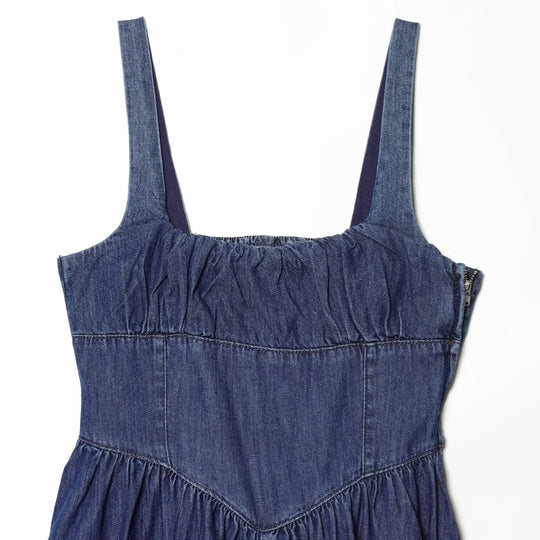 Damen Denim Maxikleid mit schwingendem Rock und verstellbaren Trägern R&B