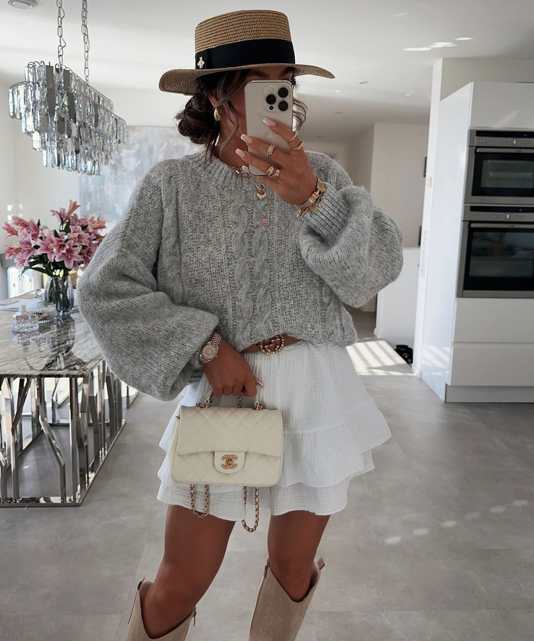 Damen Grobstrickpullover mit voluminösen Ärmeln und romantischem Zopfdesign R&B