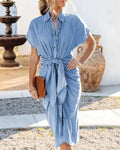 Damen Denim Hemdkleid mit Wickelgürtel und überschnittenen Ärmeln R&B