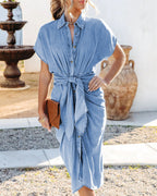 Damen Denim Hemdkleid mit Wickelgürtel und überschnittenen Ärmeln R&B