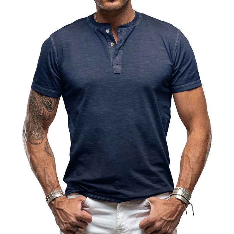Herren nan athletisches Henley-T-Shirt aus strukturierter Slub-Baumwolle mit kurzer Knopfleiste R&B