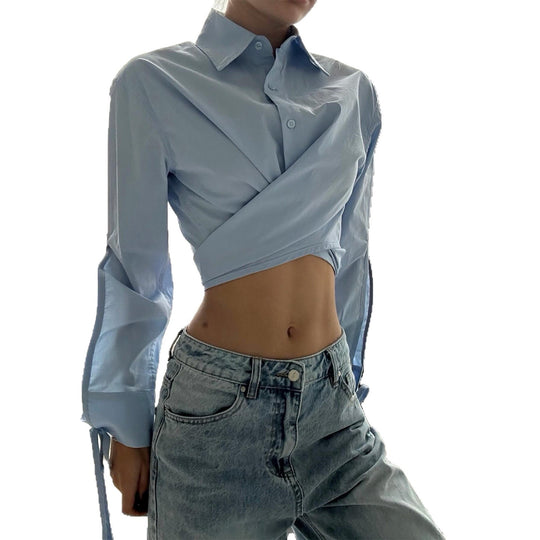 Damen Cropped Hemdbluse mit innovativem Wickeldesign und langen Ärmeln R&B