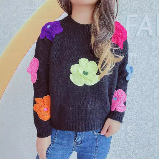 Damen kuscheliger Strickpullover mit floralem 3D-Motiv R&B