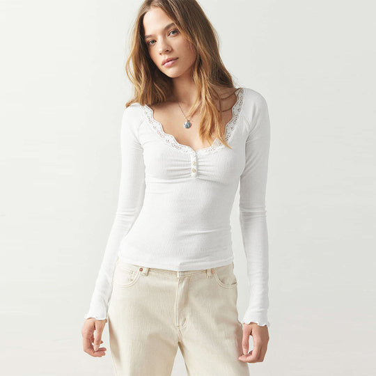Damen Langarmshirt mit Spitzendetails und Knopfleiste R&B