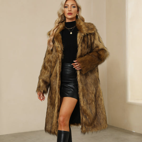 Damen Luxuriöser Langmantel aus Kunstfell mit elegantem Kragen R&B