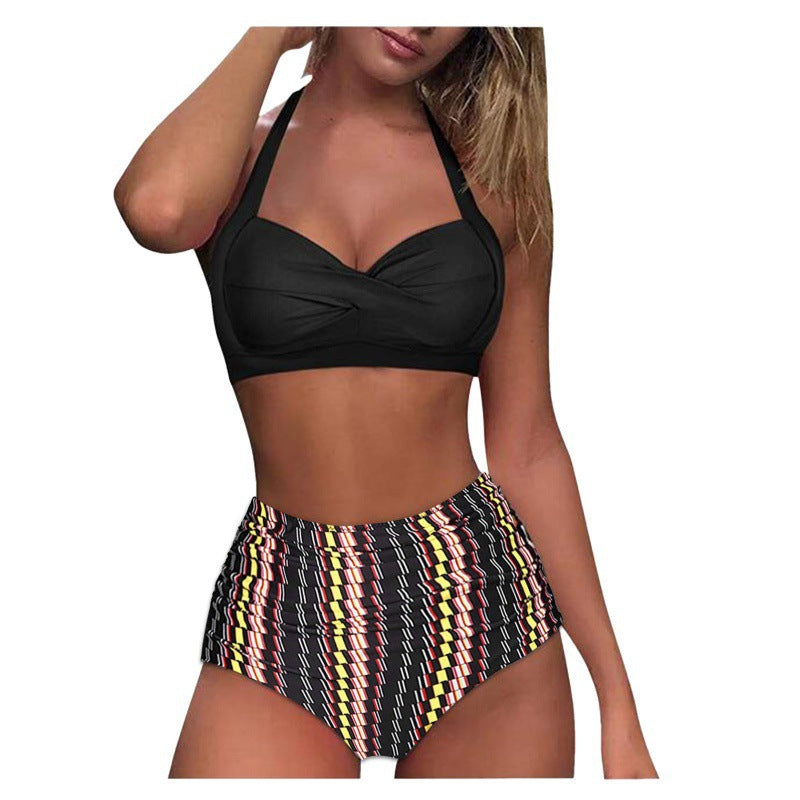 Damen Hochtaillierter Karobikini mit gerafftem Oberteil R&B