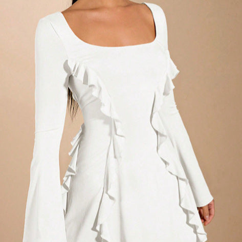 Damen elegantes Rüschenkleid mit tiefem Ausschnitt und langen Ärmeln R&B