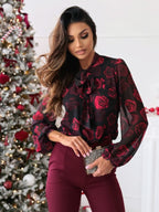 Damen Elegante Bluse mit Schleifenkragen und floralen Mustern R&B