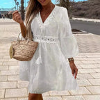 Damen Sommerkleid mit luftigen Trompetenärmel und elegantem Häkelgürtel R&B