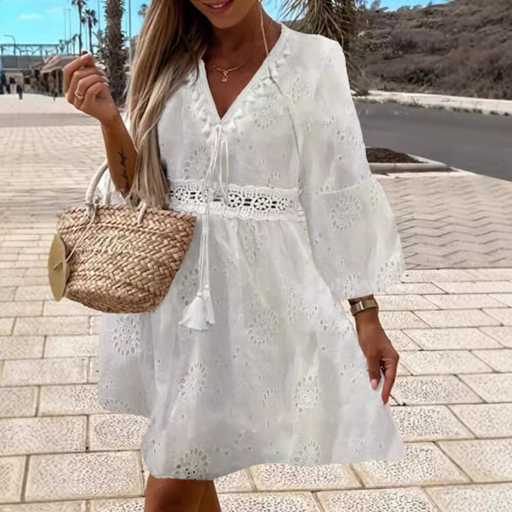 Damen Sommerkleid mit luftigen Trompetenärmel und elegantem Häkelgürtel R&B
