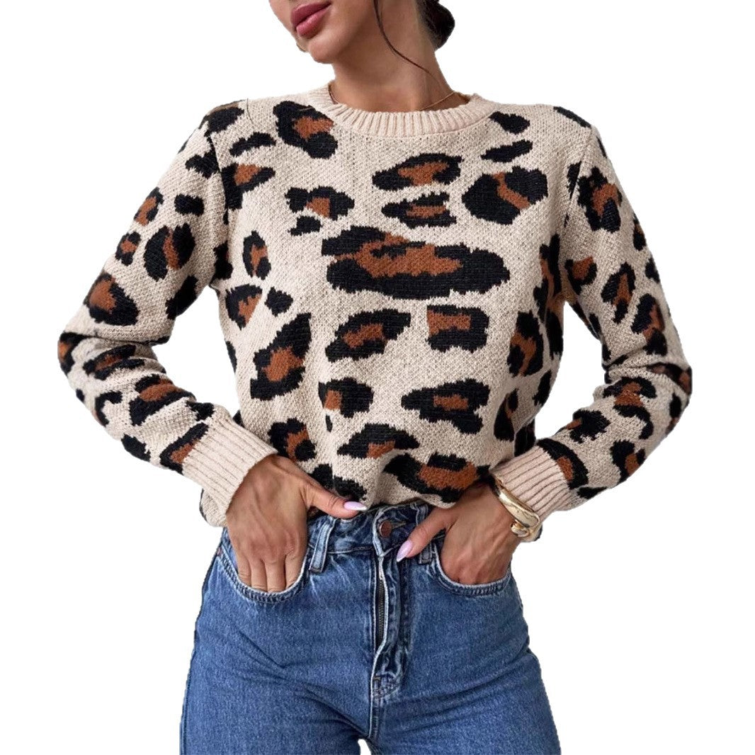 Damen kuscheliger Strickpullover mit Leopardenmuster und überschnittenen Schultern R&B