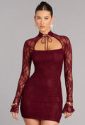 Damen Spitzen Minikleid mit hohem Kragen und schmalen Ärmeln R&B