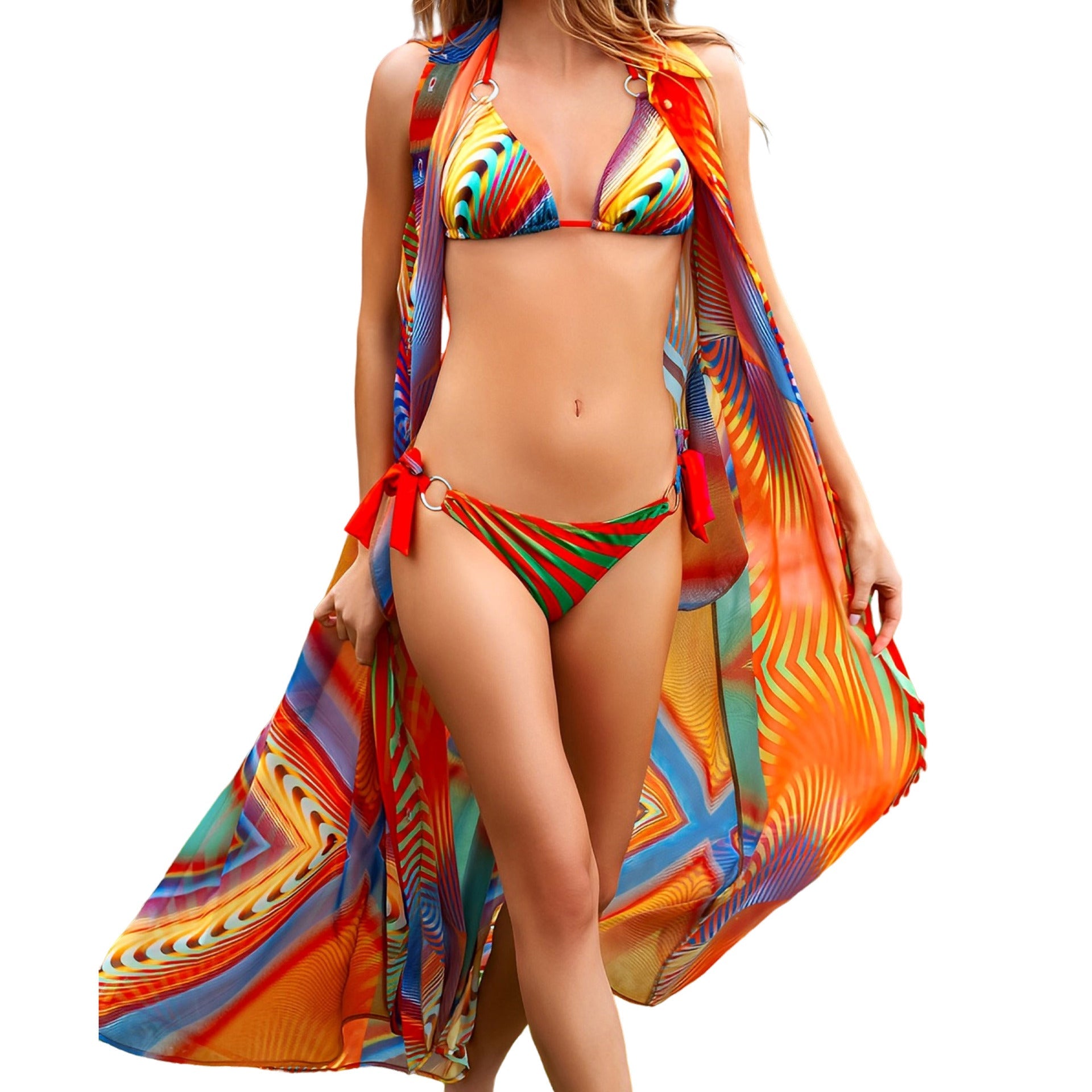 Damen Triangel-Bikini mit stylischen Schleifen und buntem Streifenmuster R&B