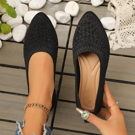 Damen elegante Ballerinas mit modischem Strass-Detail und atmungsaktiver Strickoberfläche R&B