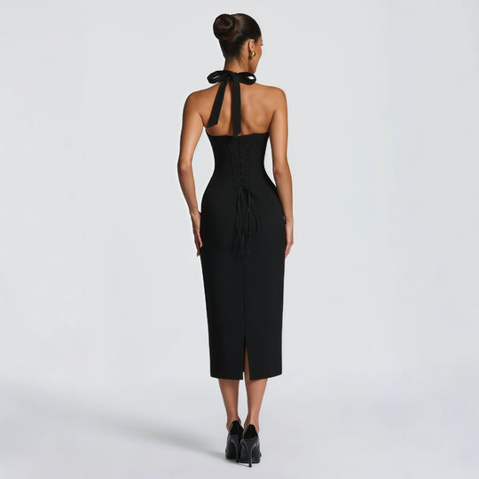 Damen Schickes körperbetontes Midikleid mit Halterneck und V-Ausschnitt R&B