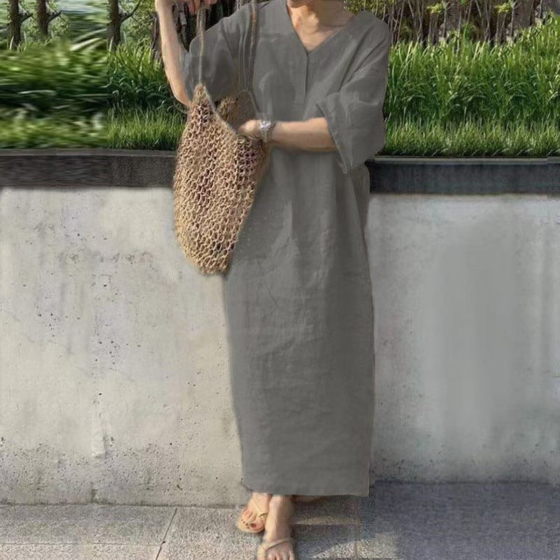 Damen lässiges Leinen-Midikleid mit V-Ausschnitt und weit geschnittenen Ärmeln R&B