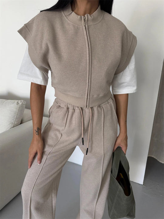 Damen sportliches Twin-Set mit kurzem Reißverschluss und weiten Hosen R&B
