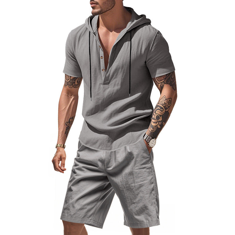 Herren lässiges Kurzarmhemd mit Kapuze und Shorts R&B