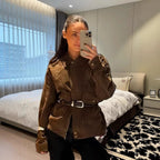 Damen stylische Utility-Jacke mit Gürtel und praktischen Taschen R&B