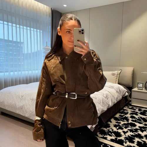 Damen stylische Utility-Jacke mit Gürtel und praktischen Taschen R&B