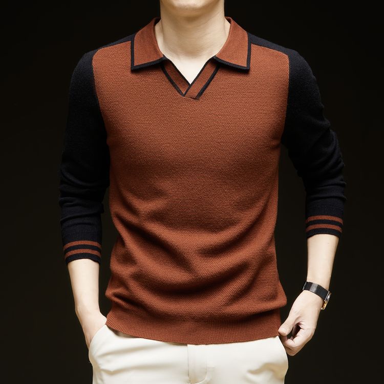 Herren Feinstrickpullover mit V-Ausschnitt und modischem Kontrastdesign R&B